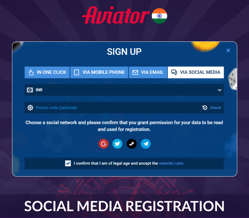 Select a registration option on the Aviator India website