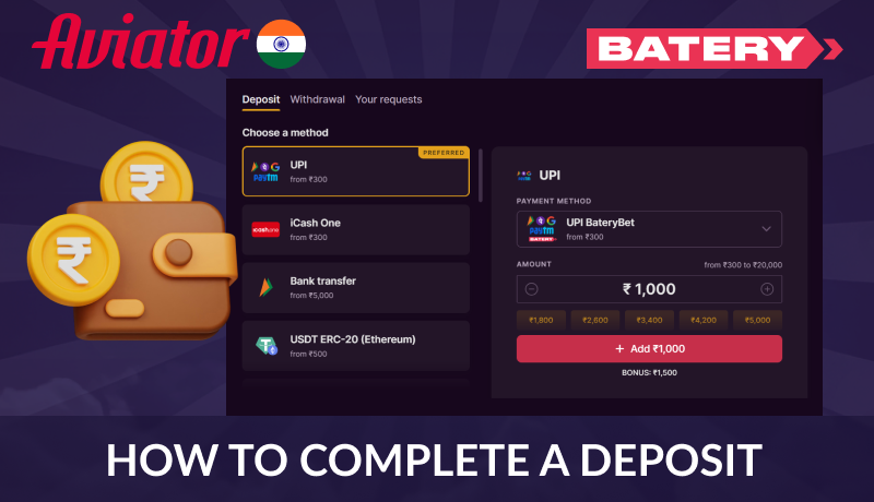Make a deposit on the Batery website to start playing Aviator India